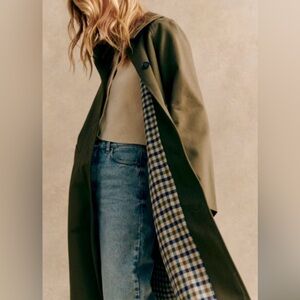Sezane Dark Green Trench Coat with Checkered Lining